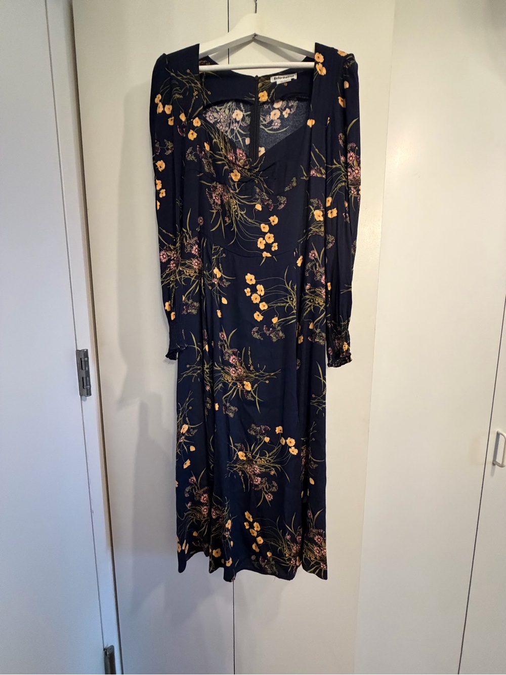 Reformation Navy Floral Long Sleeve Midi Dress with Yellow Accents